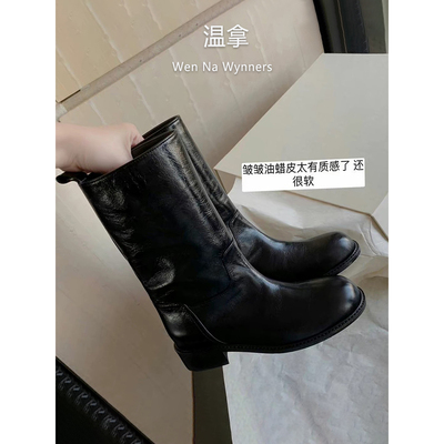 经典黑色真皮中筒西部靴女马丁靴