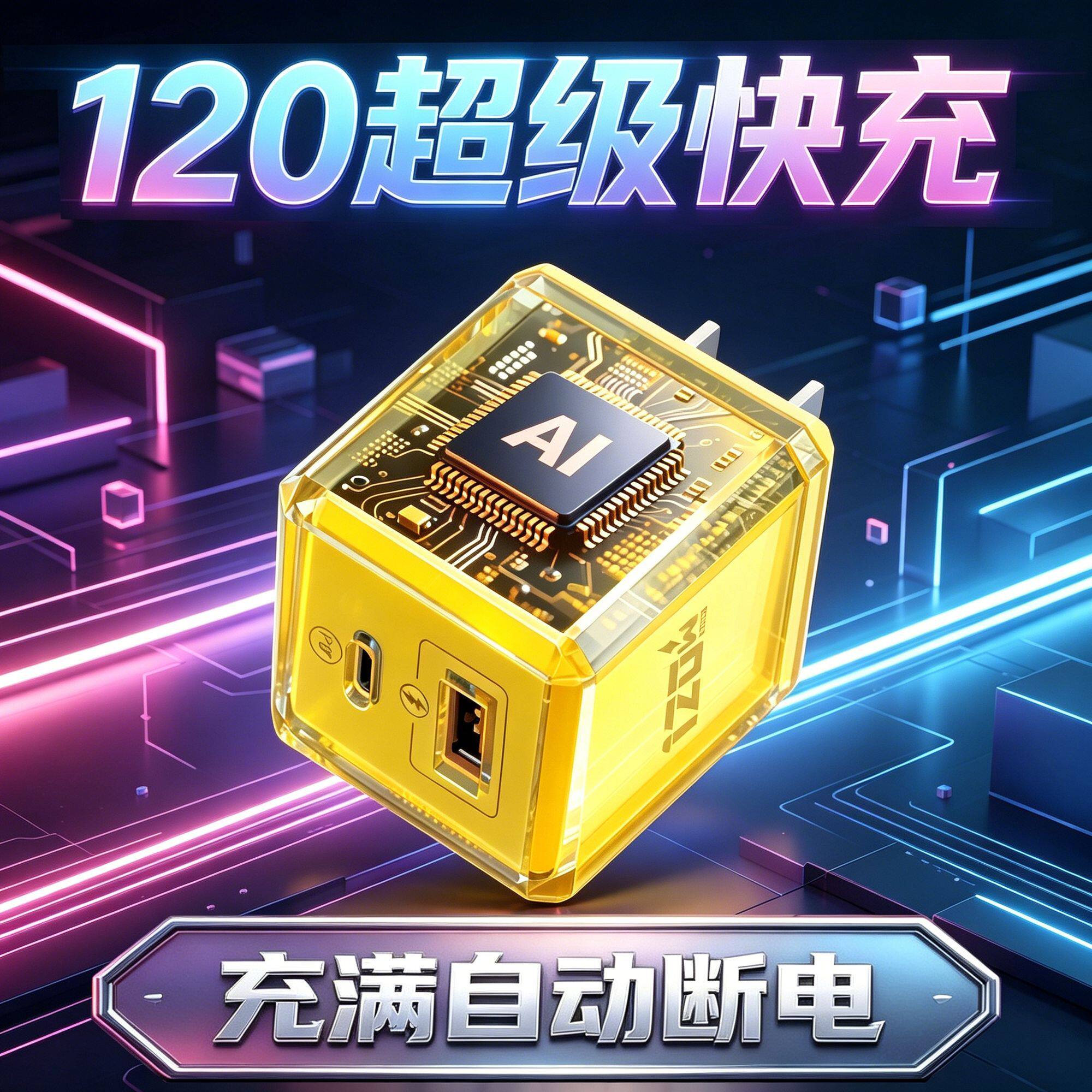 AI智能机甲120W透明超级快充充电头USB+Typec口快充自动断电适用于华为荣耀苹果vivoOPPO迷你方块手机充电器