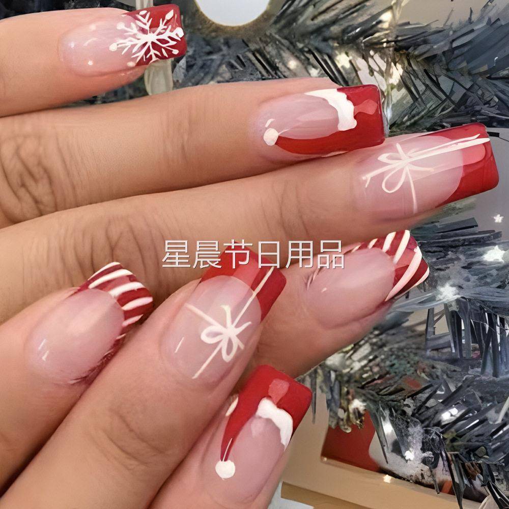 短款亮面方甲圣诞节穿戴美甲雪花丝带可拆卸24片假指甲片套装