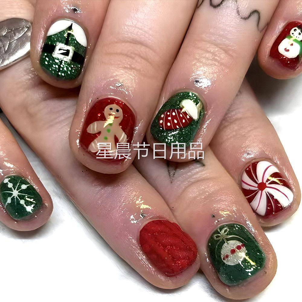 短款闪粉圣诞节穿戴甲红绿圣诞礼物美甲套装假指甲24片装