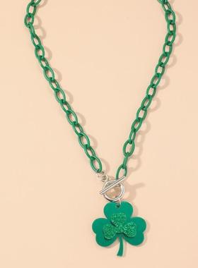 圣帕特里克狂欢派对啤酒节爱尔兰时尚个性绿色三叶草项链锁骨链