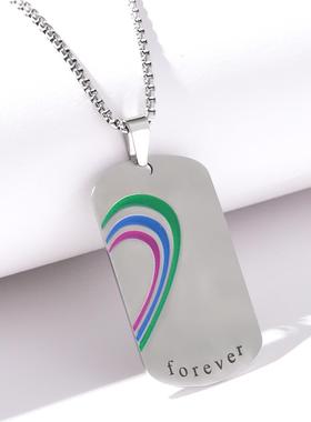 彩虹爱心吊牌首饰新品不锈钢情侣爱心吊坠项链饰品