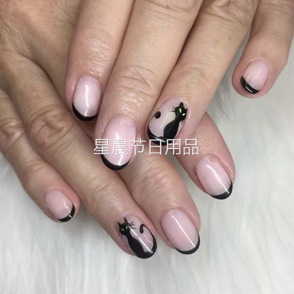 万圣节穿戴甲短款亮面杏仁型小猫咪美甲贴24片装网红假指甲套装