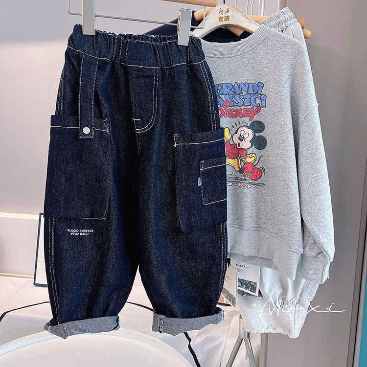 魔西童装秋季儿童原色牛仔工装裤男童修身男孩大口袋休闲牛仔裤潮