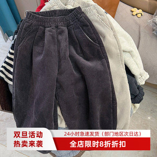 2025冬季男童加绒加厚一体绒羊驼绒宽松条绒灯笼裤女童韩版休闲裤