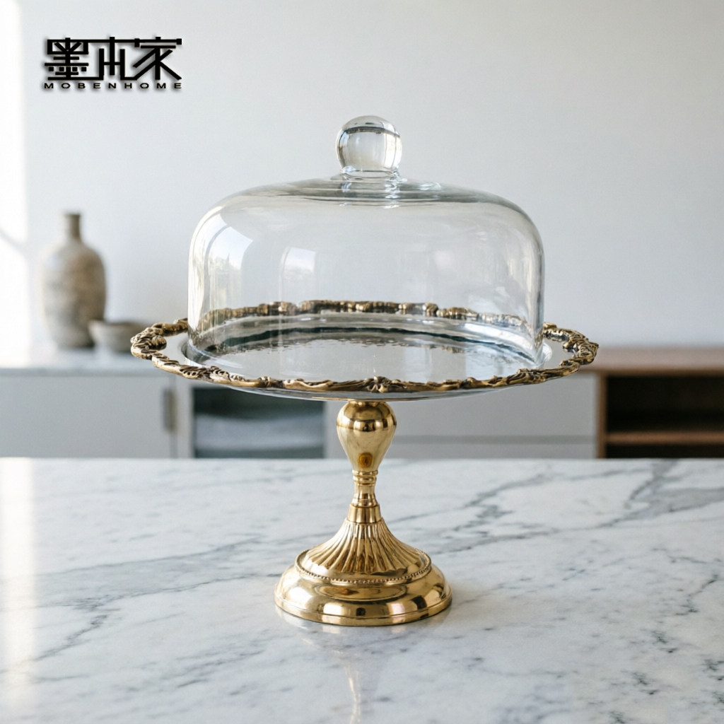 印度进口金银撞色高脚蛋糕盘带罩复古水果盘甜品盘样板间设计摆设