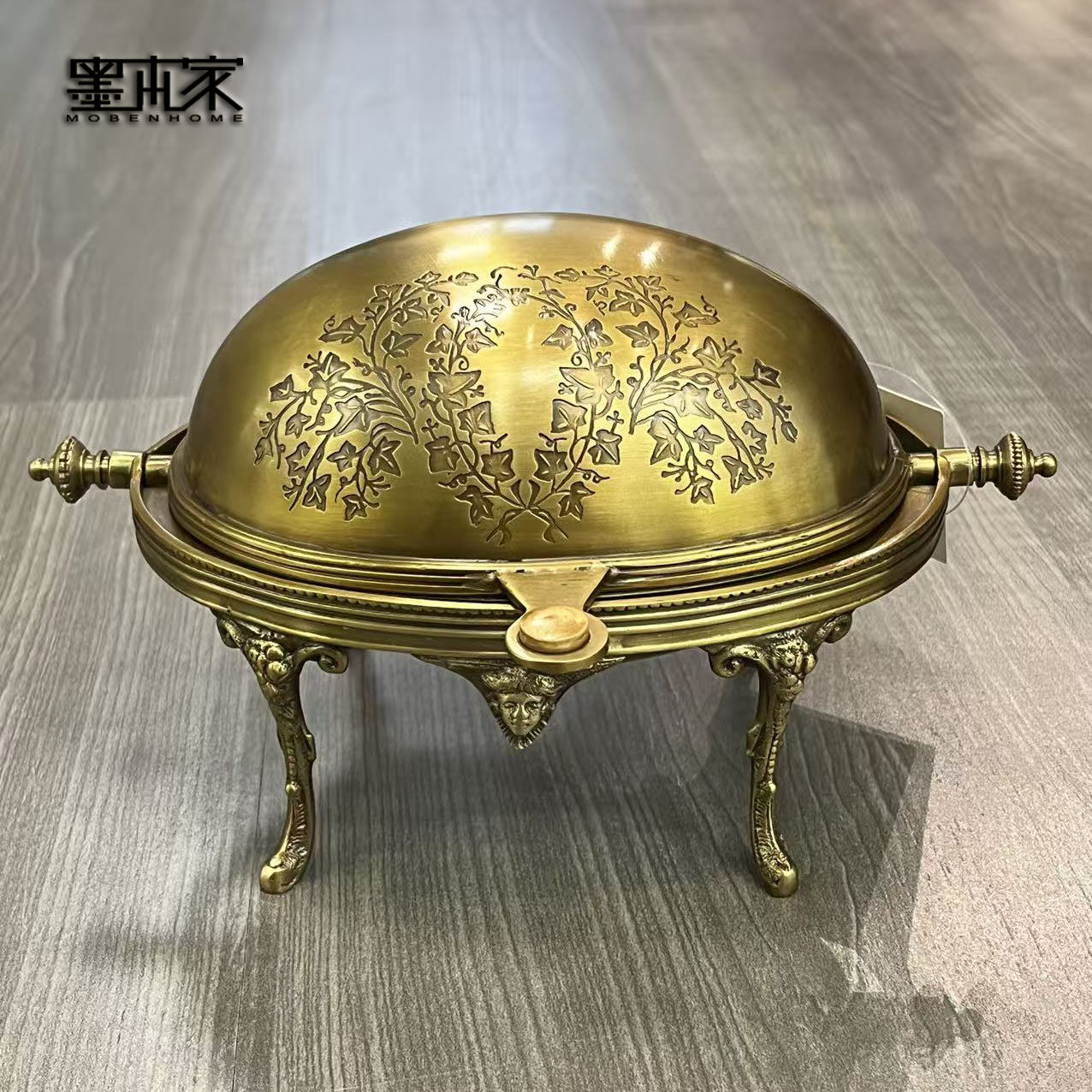 印度进口黄铜雕花翻盖收纳点心盘糕点展示盘果盘样板房茶几摆件