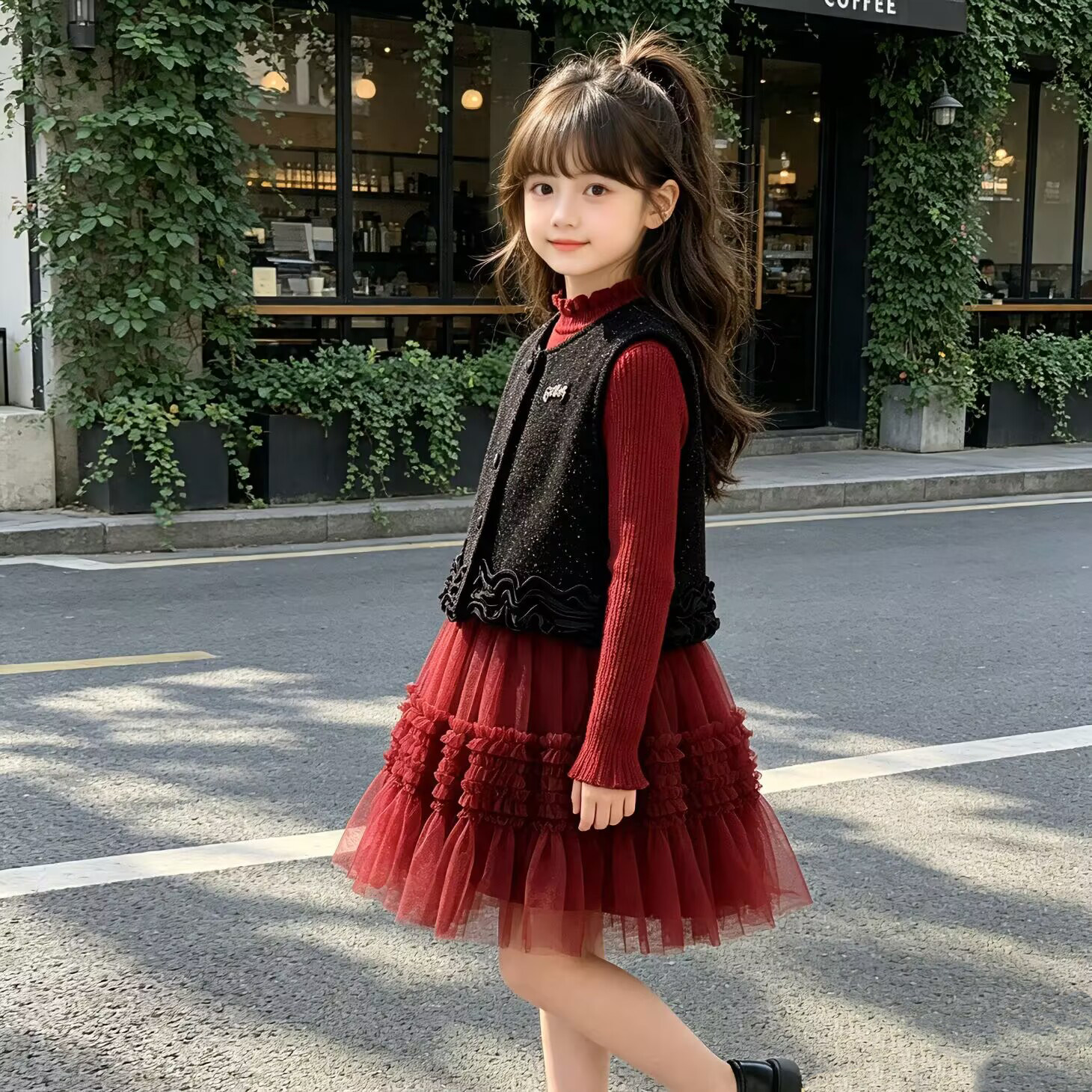女童拜年中国红秋冬2026新款加绒纱裙套装中大童韩版儿童两件套潮