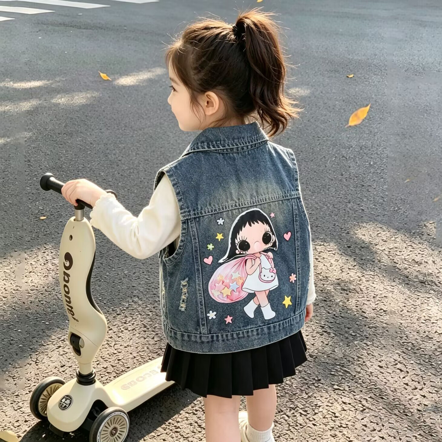 女童牛仔马甲春秋2026新款卡通印花无袖背心洋气时髦外穿休闲坎肩
