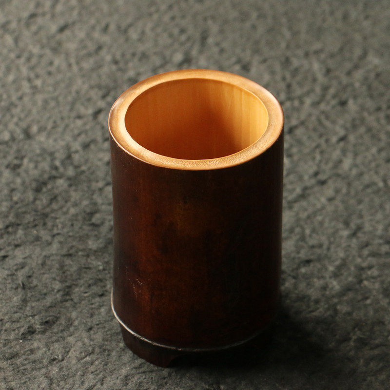 百年拆房老煤竹纯手工精工打磨三角底部茶道文房雅器笔筒收纳筒竹