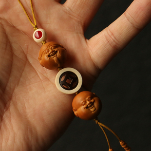 【财迷两件套】纯手工精工雕刻橄榄核手机挂件把件把玩文玩收藏