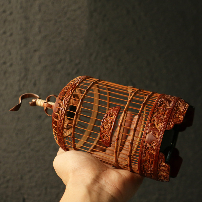 川派纯手工精工几十年老竹制作蝈蝈笼浮雕《琴棋书画》收藏竹雕