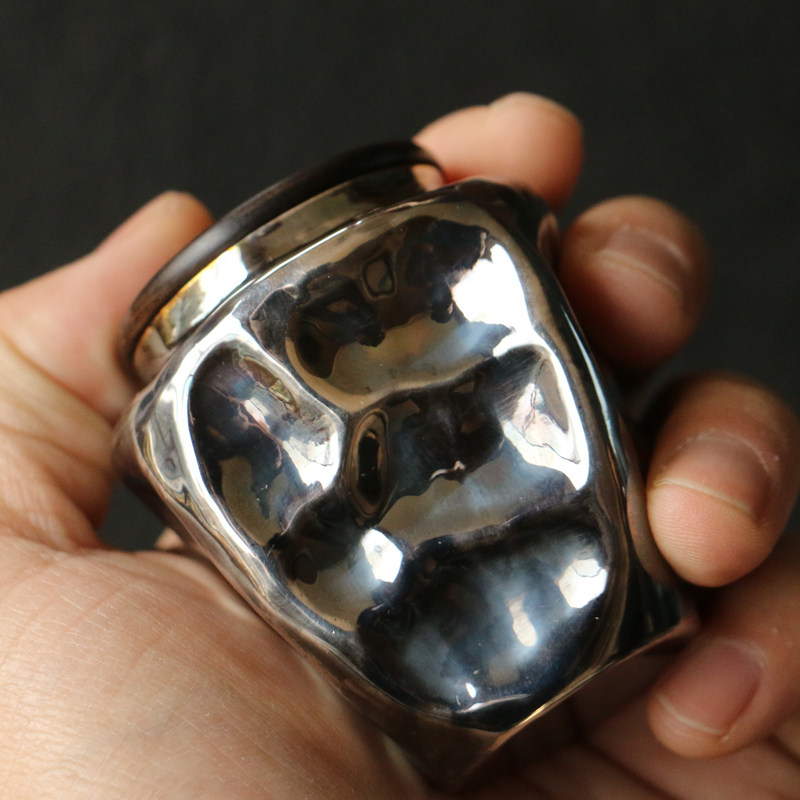 【全银斗茶筒】纯手工精工制作足银黑胡桃木口盖茶道茶叶罐茶仓