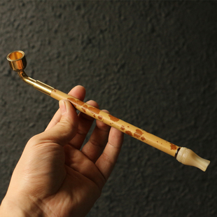 天然竹制烟斗铜头牛角嘴烟斗锅一口香烟丝抽烟器具竹器收藏送礼