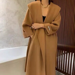 MOLIN新款双面羊毛绒大衣女 气质长款腰带大领子宽松羊毛双面毛呢
