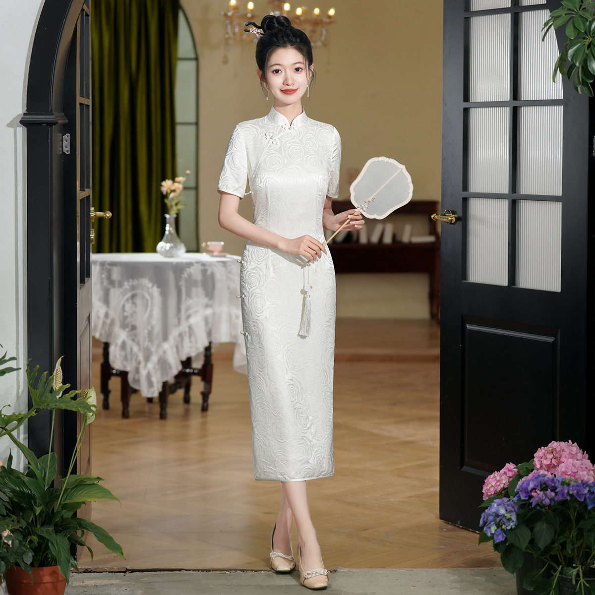 MOLIN春季真丝提花旗袍桑蚕丝手