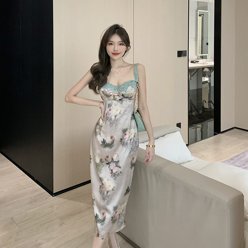 MOLIN爱牌复古吊带裙蕾丝印花纯