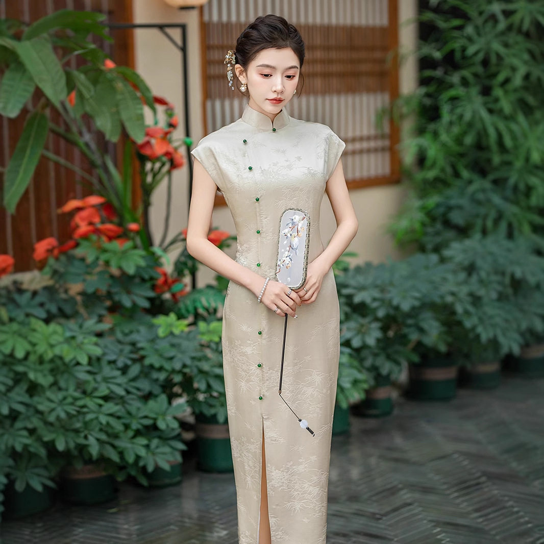 MOLIN春季真丝提花旗袍桑蚕丝连