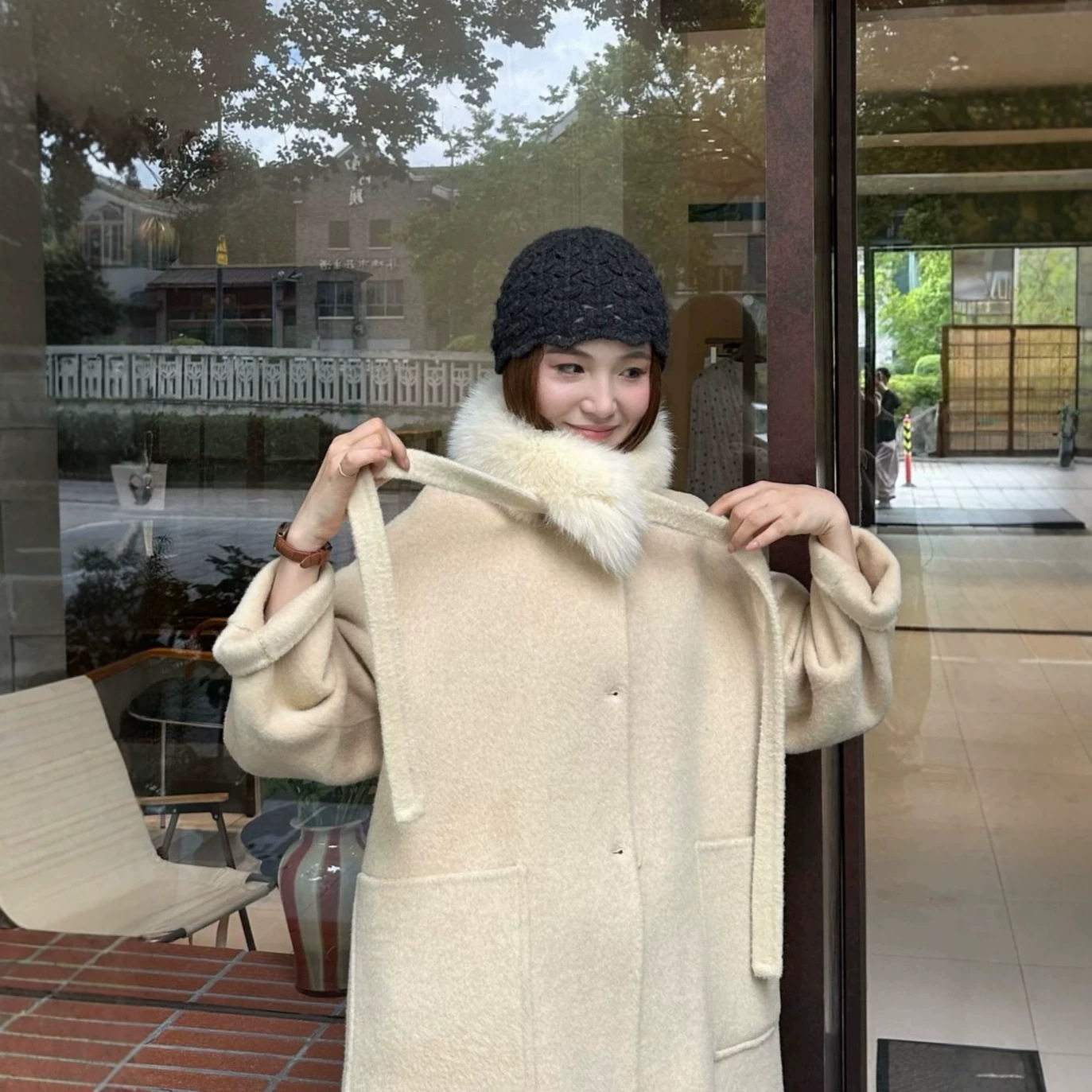 MOLIN新款韩系可拆水貂领毛呢大