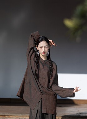 大拙高级感穿搭色织亚麻立领盘扣宽松款复古风长袖衬衫4026