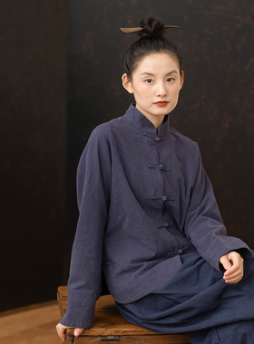 大拙长期主义穿搭东方美学宽松款立领盘扣棉麻纯色双层外套70210