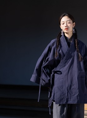 大拙男女均可驾驭颗粒感棉麻禅意复古宽松款双层系带外套231116