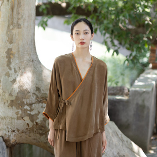 大拙夏天衣柜少不了系带开衫铜氨丝斜襟宽松款七分袖衬衫250430