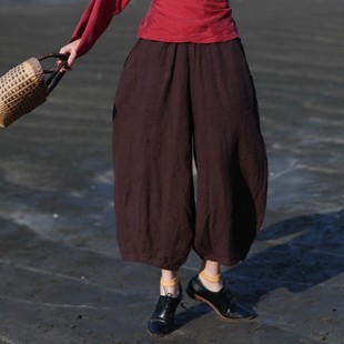 大拙趣味中性风艺术家酷爱亚麻松紧腰灯笼裤211117