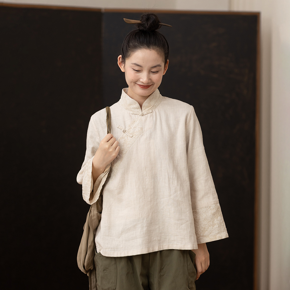 大拙新中式改良东方美学斜襟棉麻复古文艺风拼接茶服/衬衫241126