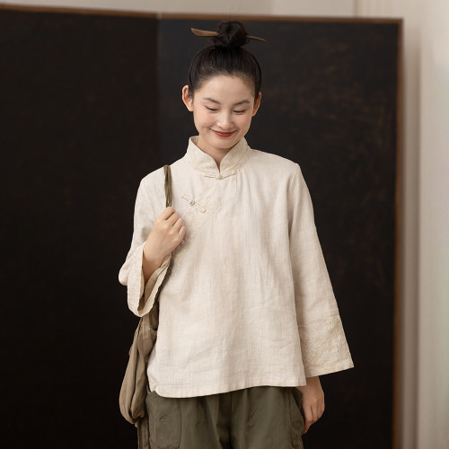 大拙东方美学斜襟棉麻复古文艺风宽松款拼接茶服/衬衫241126