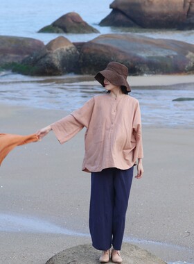 大拙无性别衬衫宽松款苎麻浅圆领简约套头衫210310
