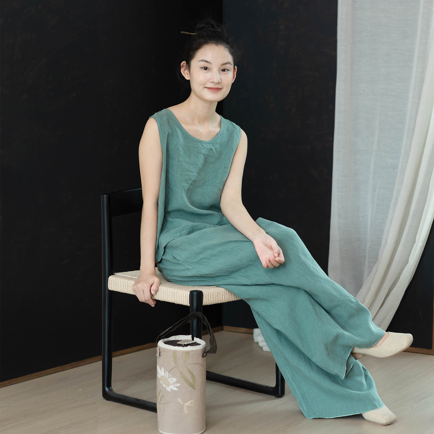 大拙洗旧亚麻纯色宽松款休闲裤