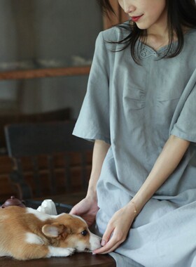 大拙多巴胺穿搭新中式改良苎麻纯色通勤短袖宽舒款连衣裙50603