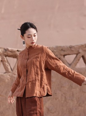 大拙怎么穿都惊艳小立领盘扣复古亚麻单排扣双层外套70210