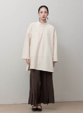 大拙早秋基础款素颜穿搭立领斜襟盘扣宽松款棉麻双层外套250808