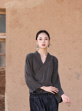 大拙自带光泽感的丝滑铜氨丝斜襟设计气质款系带纯色长袖衬衫4101