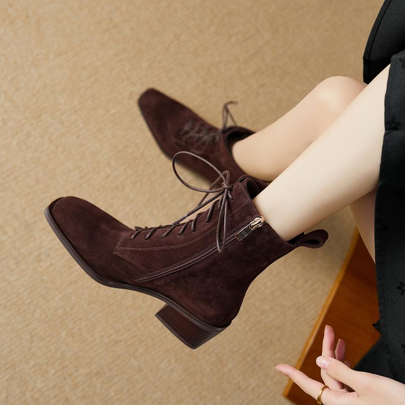 里外全皮中跟系带短靴女春秋单靴冬季绒里欧美磨砂羊翻皮粗跟女靴