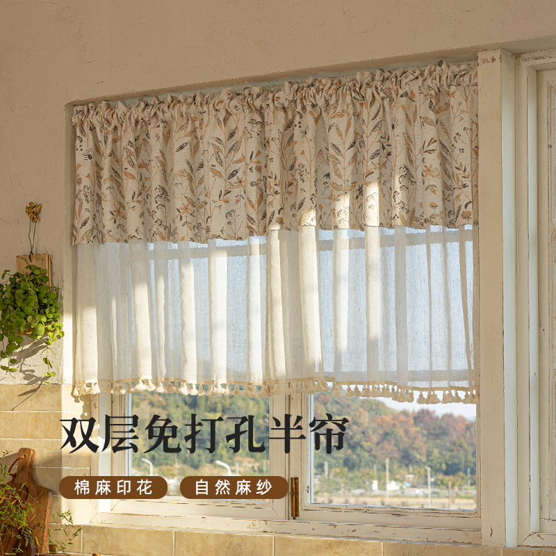 美式印花双层纱帘厨房半帘短帘日式门帘窗户飘窗卧室遮光复古窗帘