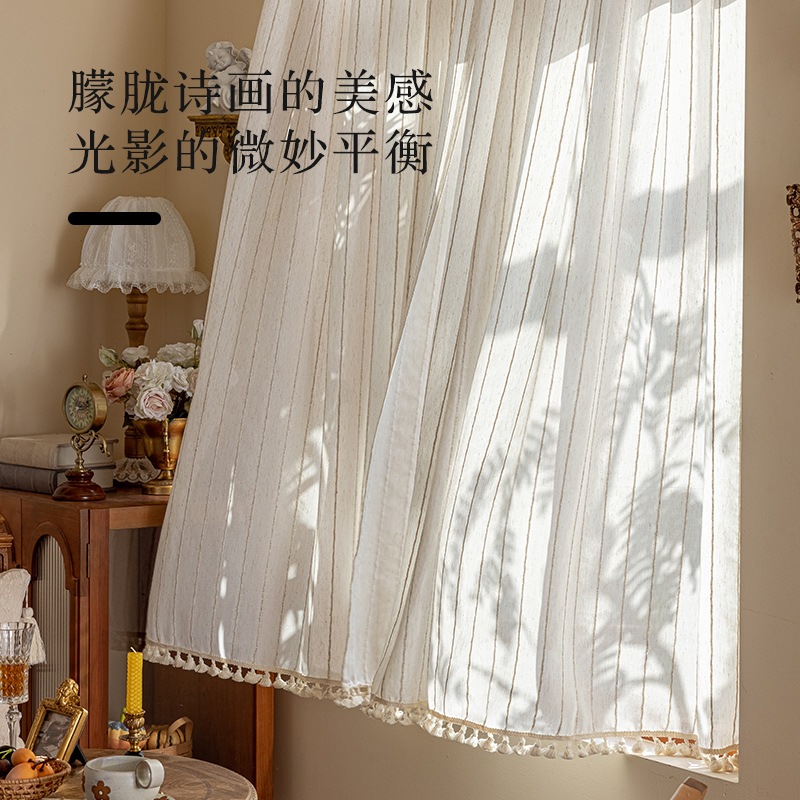 豆蔓日式原木风条纹免打孔纱帘