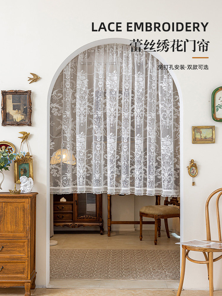 法式覆古蕾丝门帘隔断帘拱形门透光半帘短帘穿杆厨房飘窗纱帘窗帘