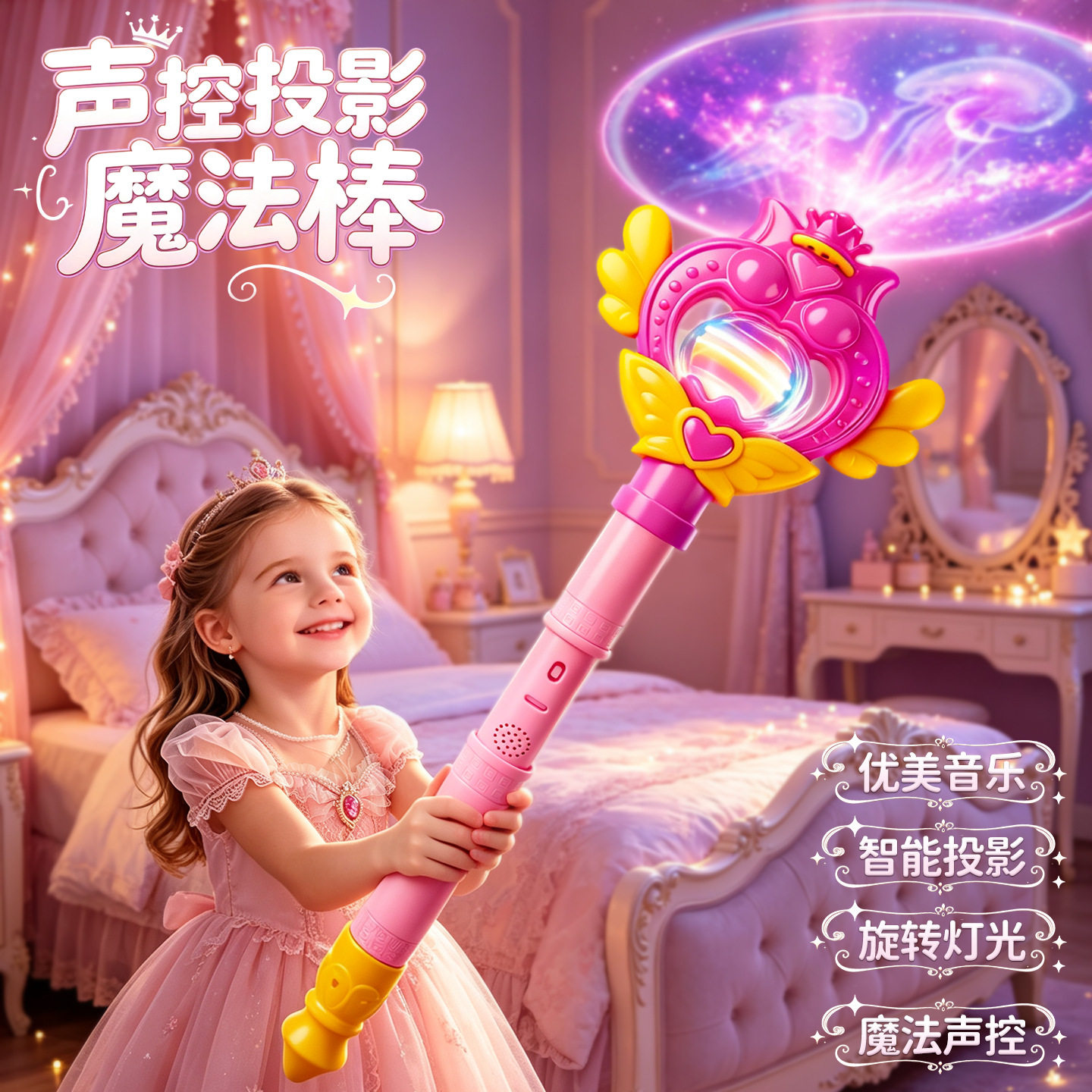 新款感应伸缩魔法棒女孩声控投影发光玩具公主旋转灯光音乐仙女棒