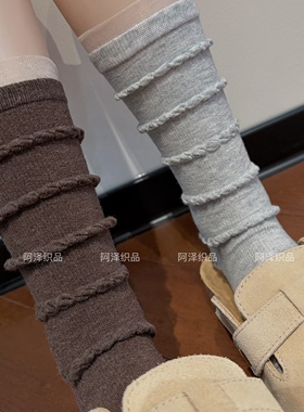 浅灰色真的好洋气~褶皱感中筒袜子女ins潮甜美花边堆堆袜配小皮鞋