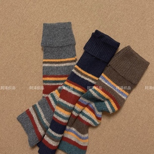 穿出复古时尚感~彩虹条纹羊毛小腿袜套ins潮保暖美式学院风堆堆袜