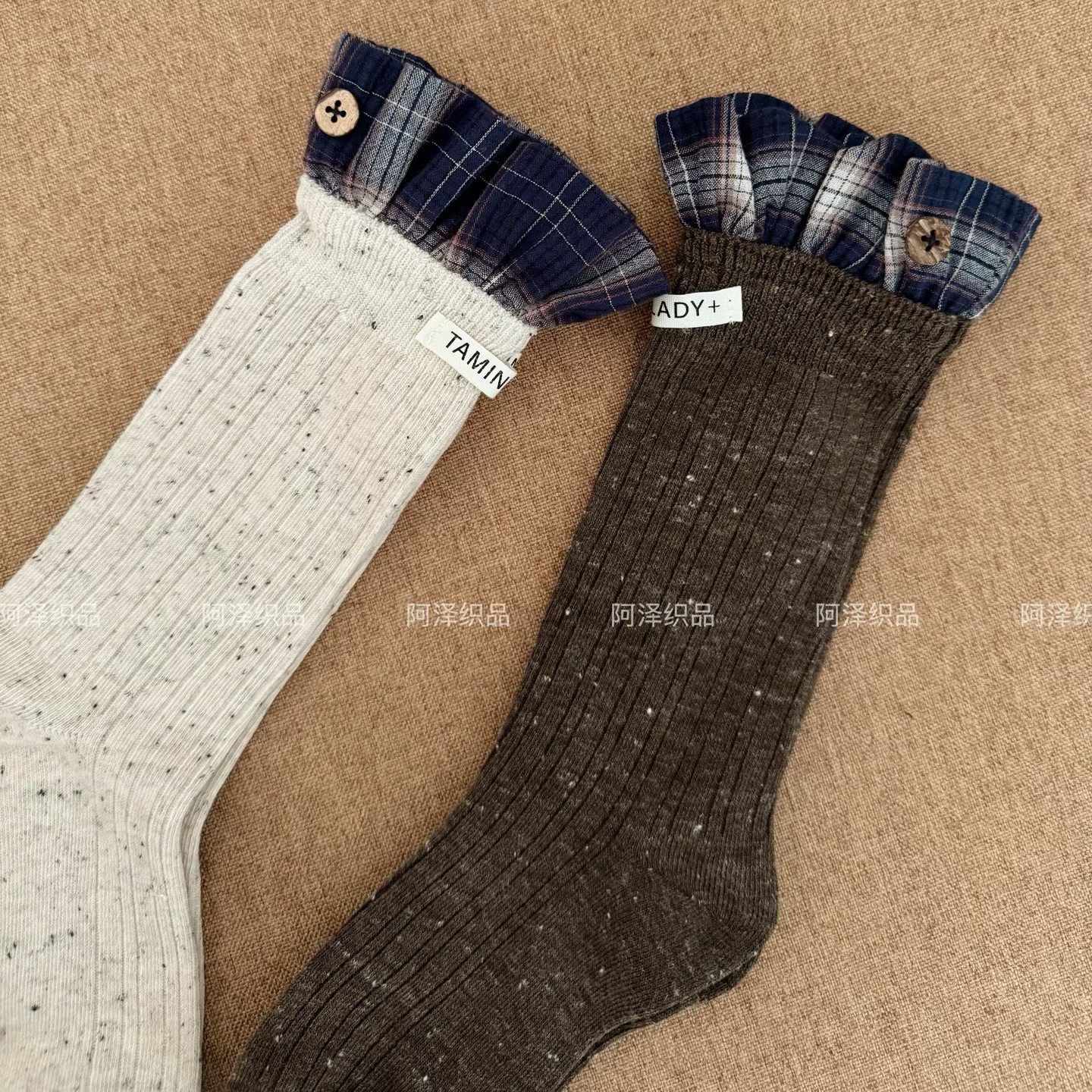 韩系格子花边秋冬外穿彩点纱女袜