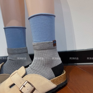 韩系撞色卷边中短筒春夏女袜百搭