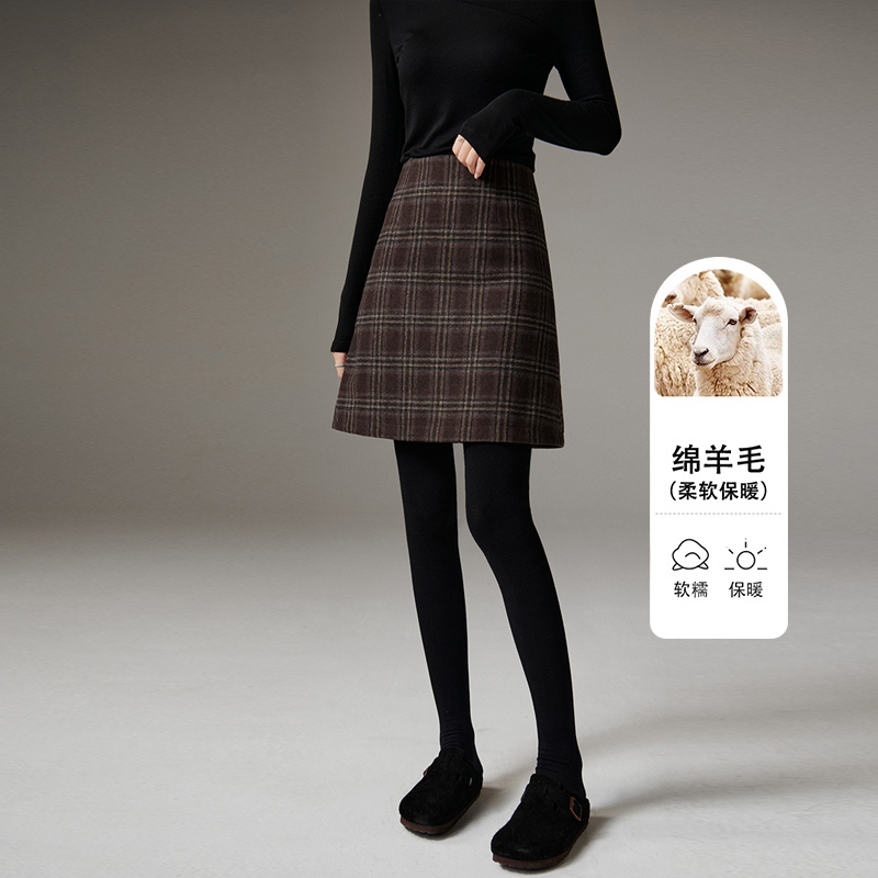晚白高腰格子毛呢羊毛短裙