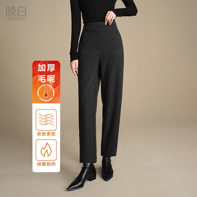 晚白高腰厚毛呢直筒休闲裤