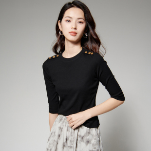 打底衫 超显瘦气质上衣螺纹坑条中袖 女 简约修身 晚白2025年秋新款