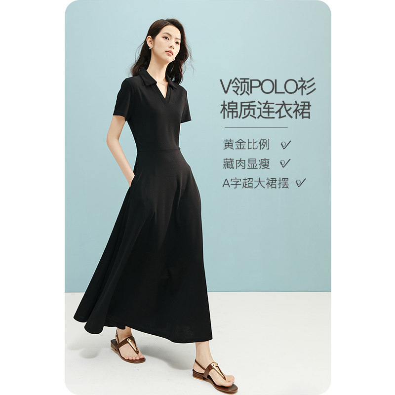 晚白2026年春夏新款时尚翻领棉料小黑裙弹力修身高腰短袖连衣裙