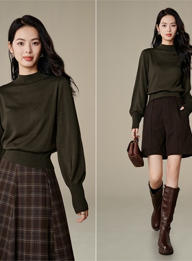 晚白2026年春季新款纯色简约时尚法式慵懒高弹立领条纹针织衫女